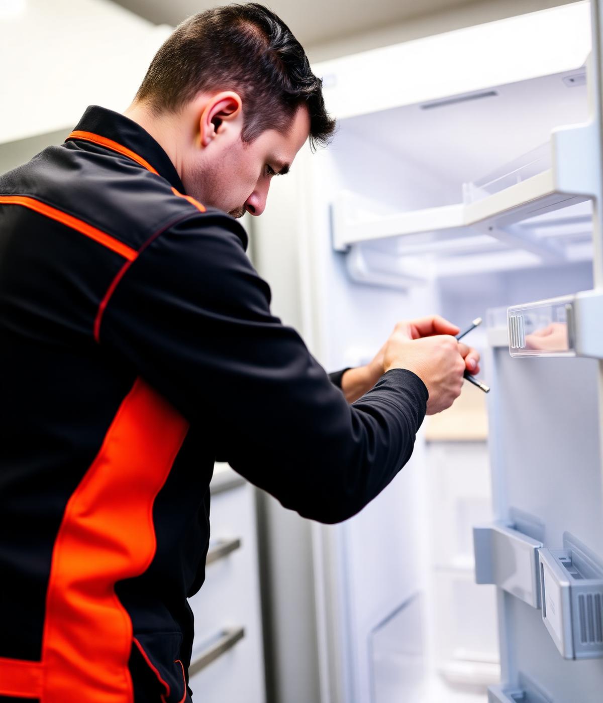 UltraServe technician performing preventive maintenance on a refrigerator